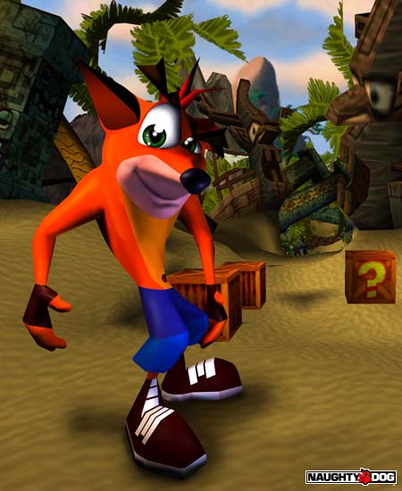 Early Crash Bandicoot artwork showing Crash in a jungle level with crates.