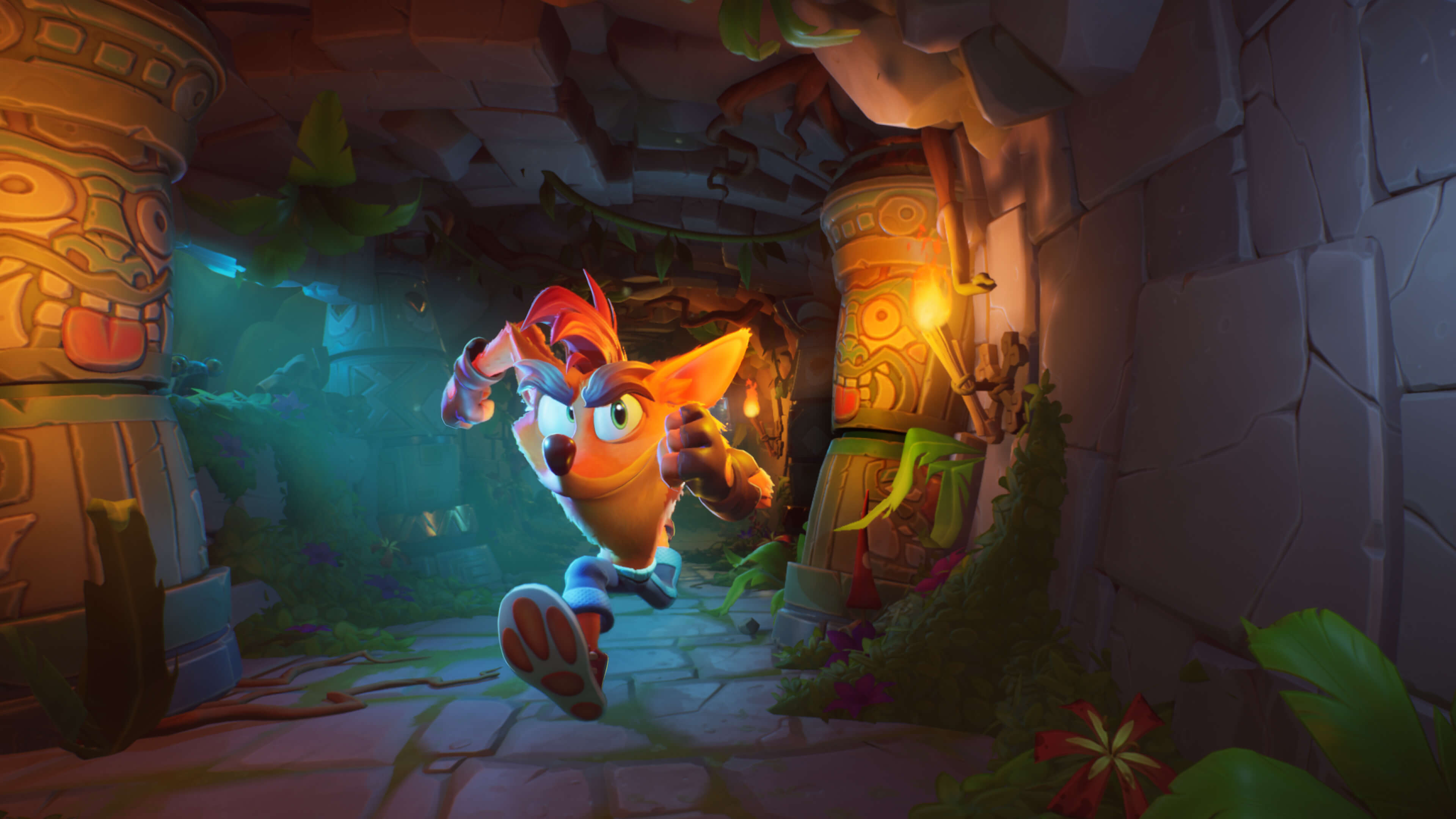 Crash Bandicoot running through a temple corridor in Crash Bandicoot 4: It's About Time.