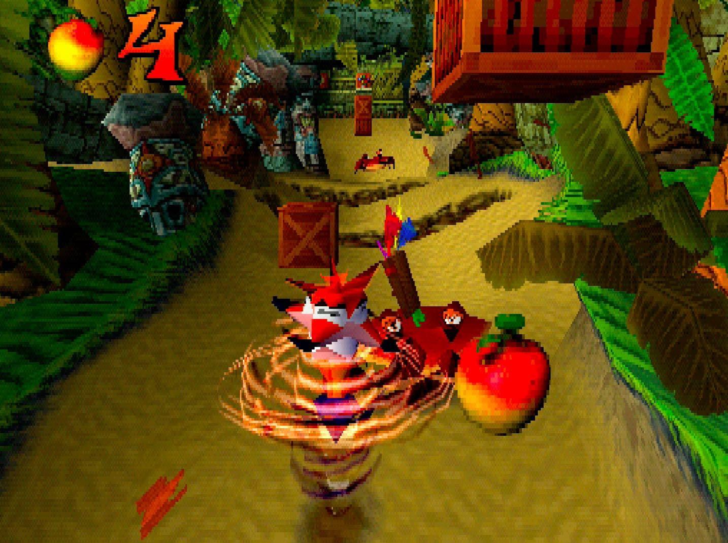 Crash Bandicoot spinning through a jungle level in the original PlayStation game.