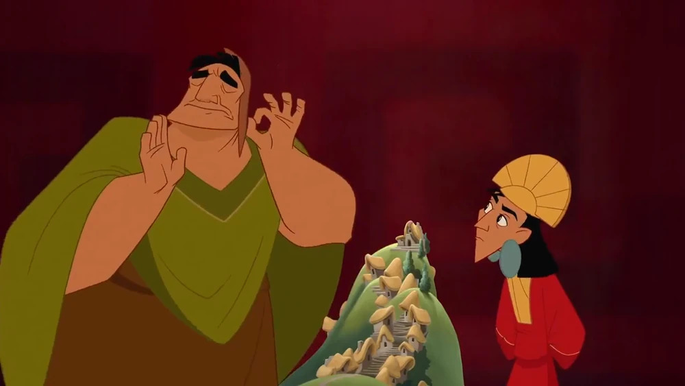 Pacha and Kuzco overlooking a hilltop in The Emperor's New Groove