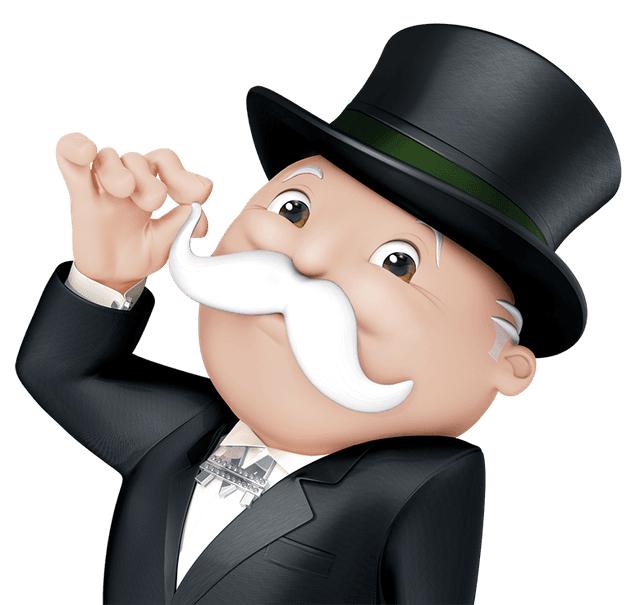Mr. Monopoly smiling and adjusting his moustache while wearing a black top hat and tuxedo
